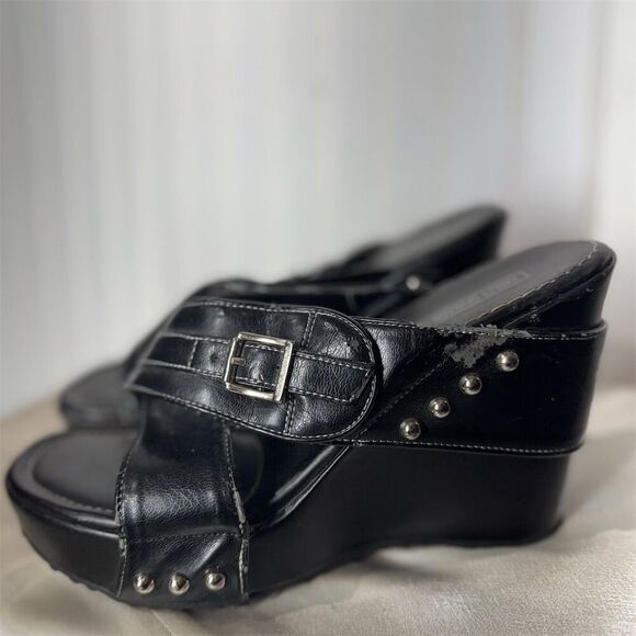 Harley-Davidson Black Wedge Slide Sandals 8.5M Studded Buckle Platform Biker Y2K - Picture 2 of 10